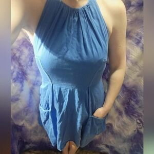 Jessica Simpson Blue Halter Pleated Neckline Deep Front Pockets A-line Dress 6
